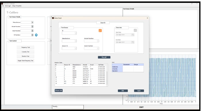 T-Calibro software history panel and sensor asset records